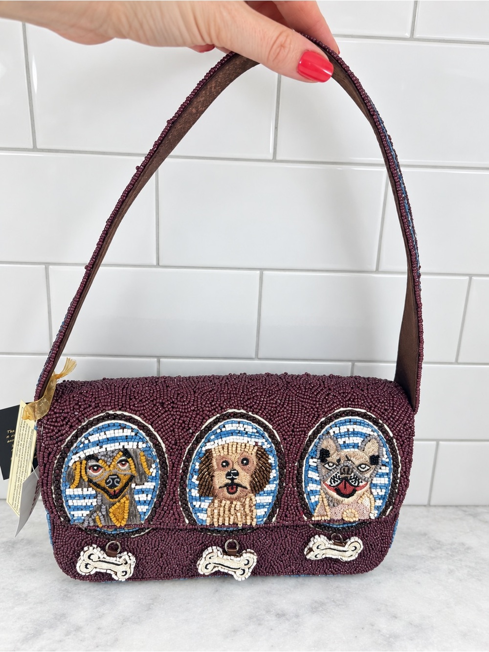 Viral New Release Made In India Brown Beaded Dog Bag W/Bones Purse Handbag NWT - Picture 2 of 7